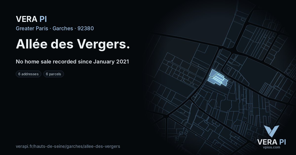 Allée des Vergers, Garches at night – every parcel coloured by the prices around it, the street's own parcels lit