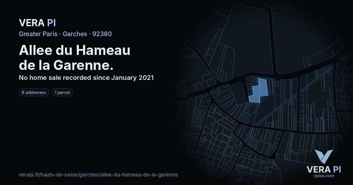 Allee du Hameau de la Garenne, Garches at night – every parcel coloured by the prices around it, the street's own parcels lit