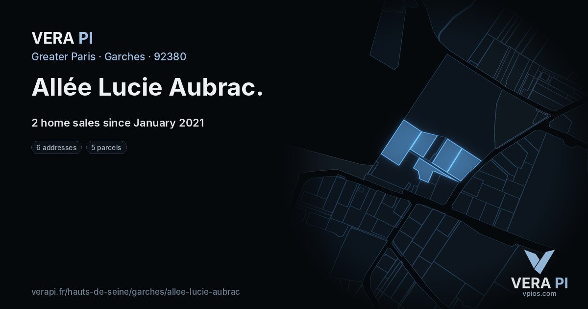 Allée Lucie Aubrac, Garches at night – every parcel coloured by the prices around it, the street's own parcels lit