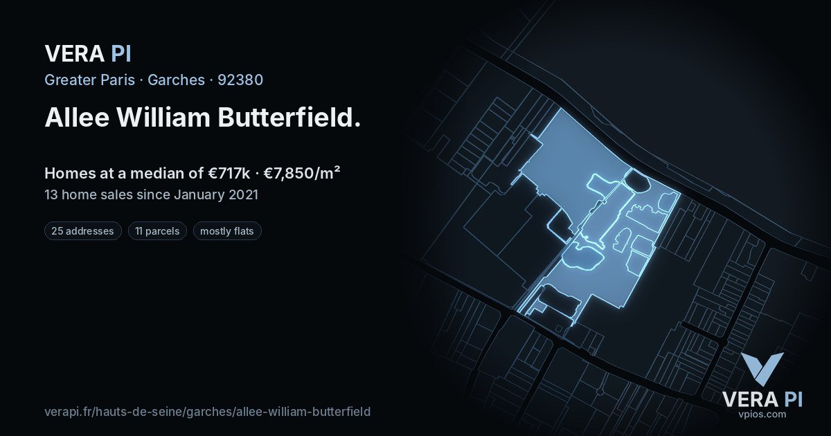 Allee William Butterfield, Garches at night – every parcel coloured by the prices around it, the street's own parcels lit