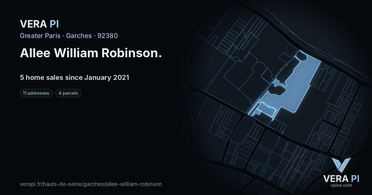 Allee William Robinson, Garches at night – every parcel coloured by the prices around it, the street's own parcels lit