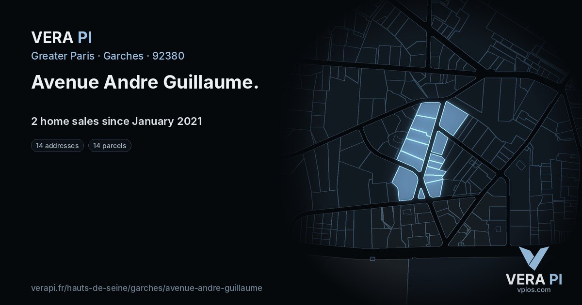 Avenue Andre Guillaume, Garches at night – every parcel coloured by the prices around it, the street's own parcels lit