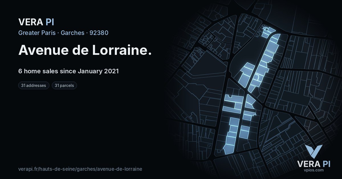 Avenue de Lorraine, Garches at night – every parcel coloured by the prices around it, the street's own parcels lit