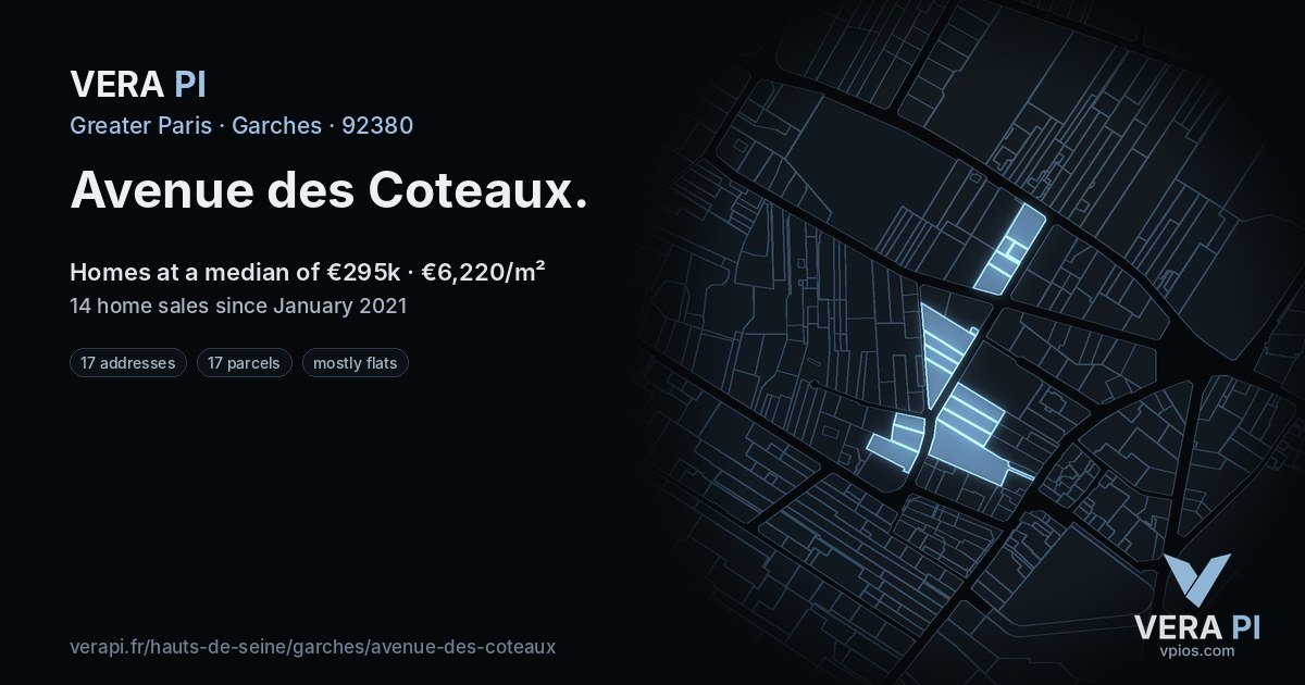 Avenue des Coteaux, Garches at night – every parcel coloured by the prices around it, the street's own parcels lit