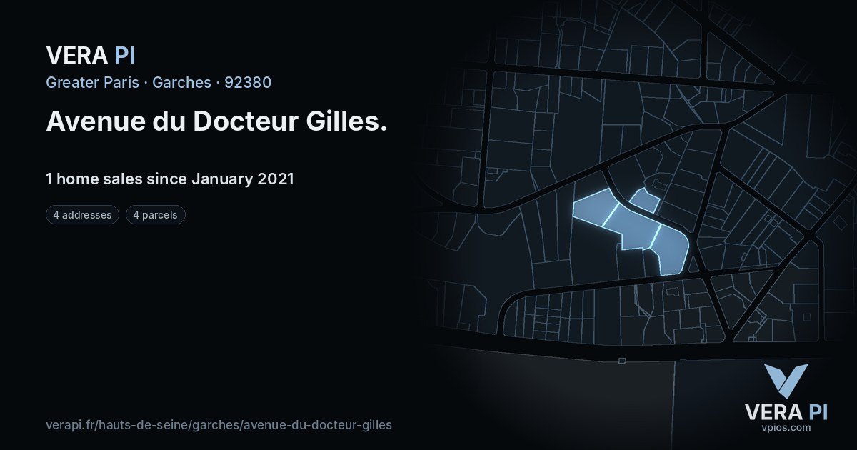 Avenue du Docteur Gilles, Garches at night – every parcel coloured by the prices around it, the street's own parcels lit