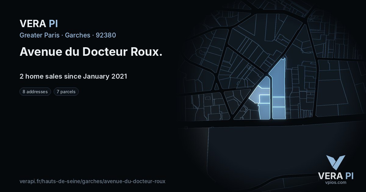 Avenue du Docteur Roux, Garches at night – every parcel coloured by the prices around it, the street's own parcels lit