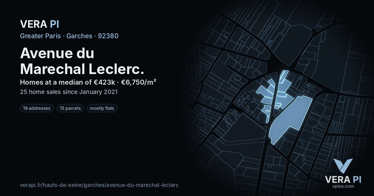 Avenue du Marechal Leclerc, Garches at night – every parcel coloured by the prices around it, the street's own parcels lit
