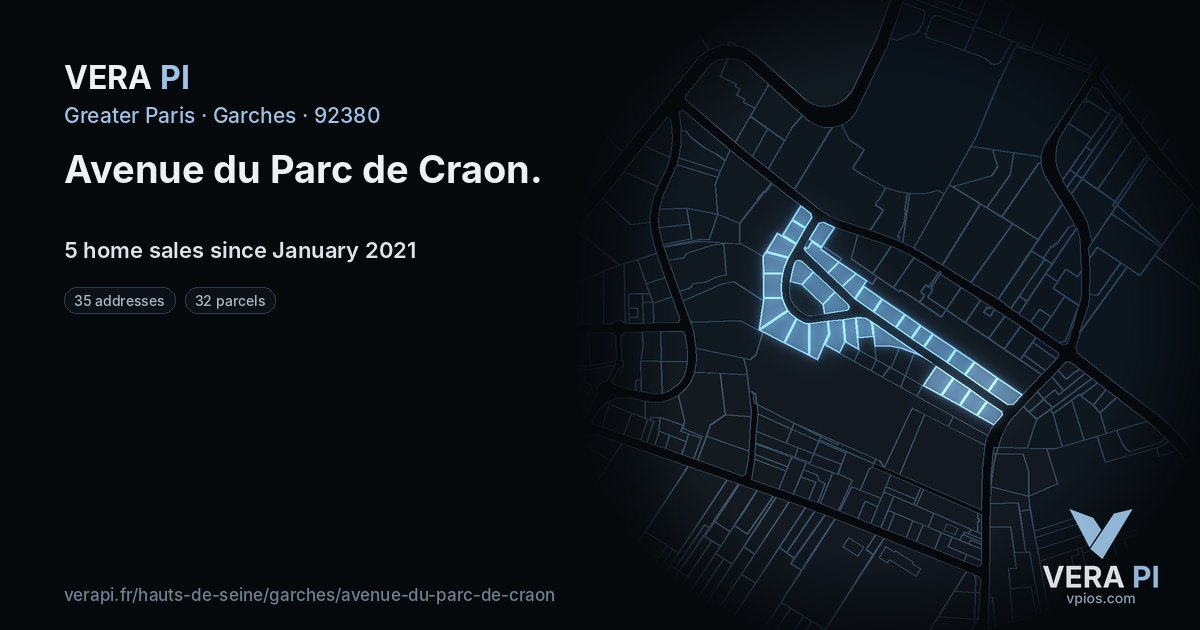 Avenue du Parc de Craon, Garches at night – every parcel coloured by the prices around it, the street's own parcels lit