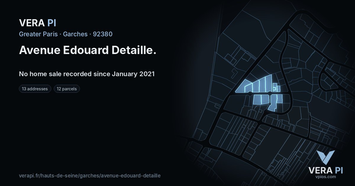 Avenue Edouard Detaille, Garches at night – every parcel coloured by the prices around it, the street's own parcels lit
