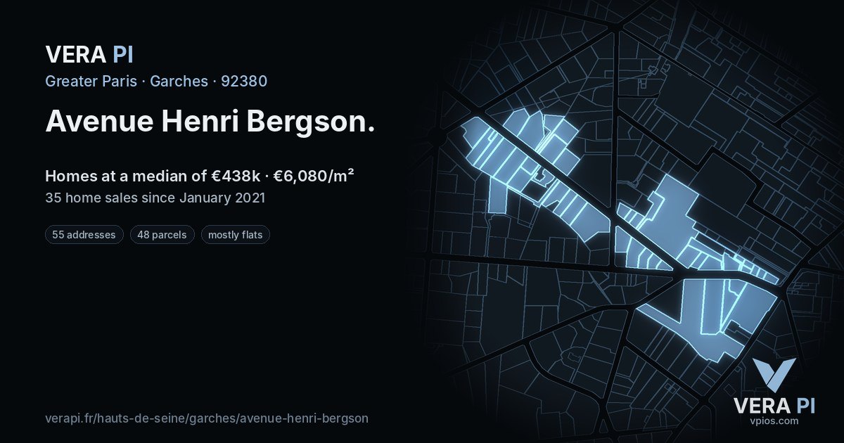 Avenue Henri Bergson, Garches at night – every parcel coloured by the prices around it, the street's own parcels lit