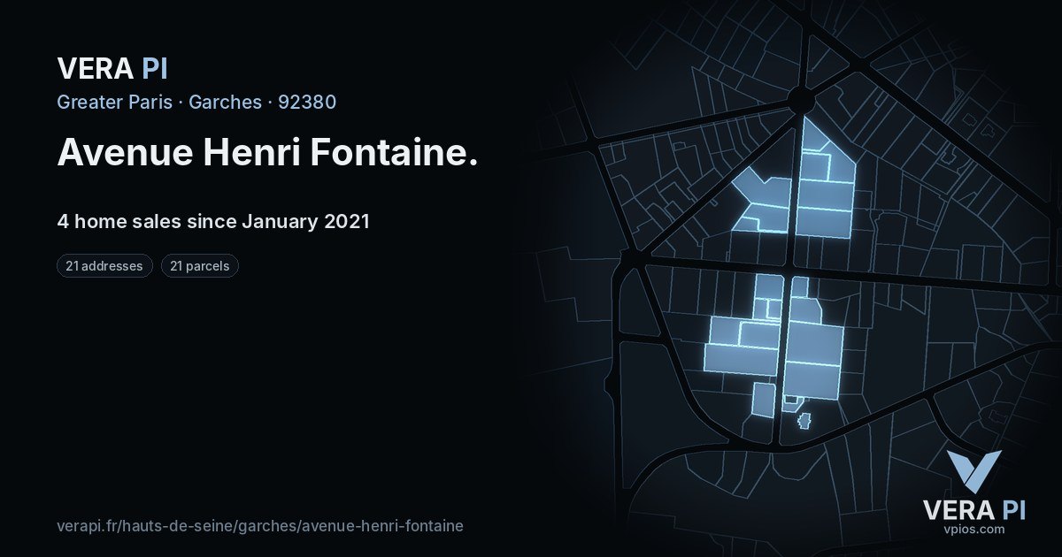 Avenue Henri Fontaine, Garches at night – every parcel coloured by the prices around it, the street's own parcels lit