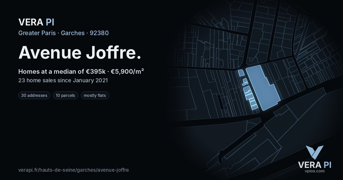 Avenue Joffre, Garches at night – every parcel coloured by the prices around it, the street's own parcels lit