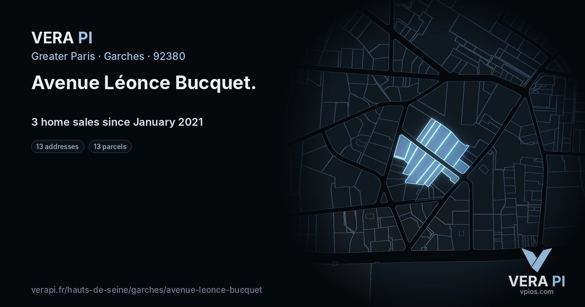 Avenue Léonce Bucquet, Garches at night – every parcel coloured by the prices around it, the street's own parcels lit