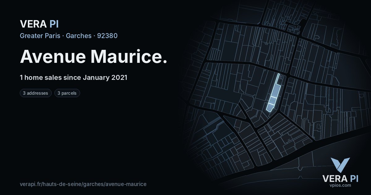 Avenue Maurice, Garches at night – every parcel coloured by the prices around it, the street's own parcels lit