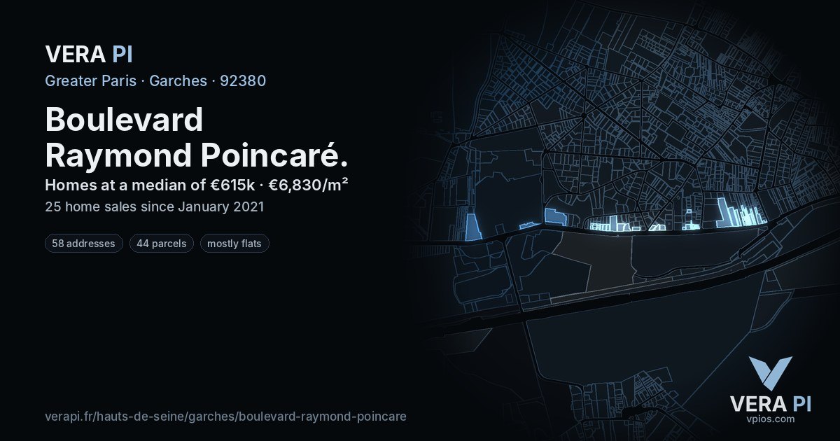 Boulevard Raymond Poincaré, Garches at night – every parcel coloured by the prices around it, the street's own parcels lit
