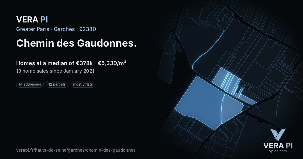 Chemin des Gaudonnes, Garches at night – every parcel coloured by the prices around it, the street's own parcels lit