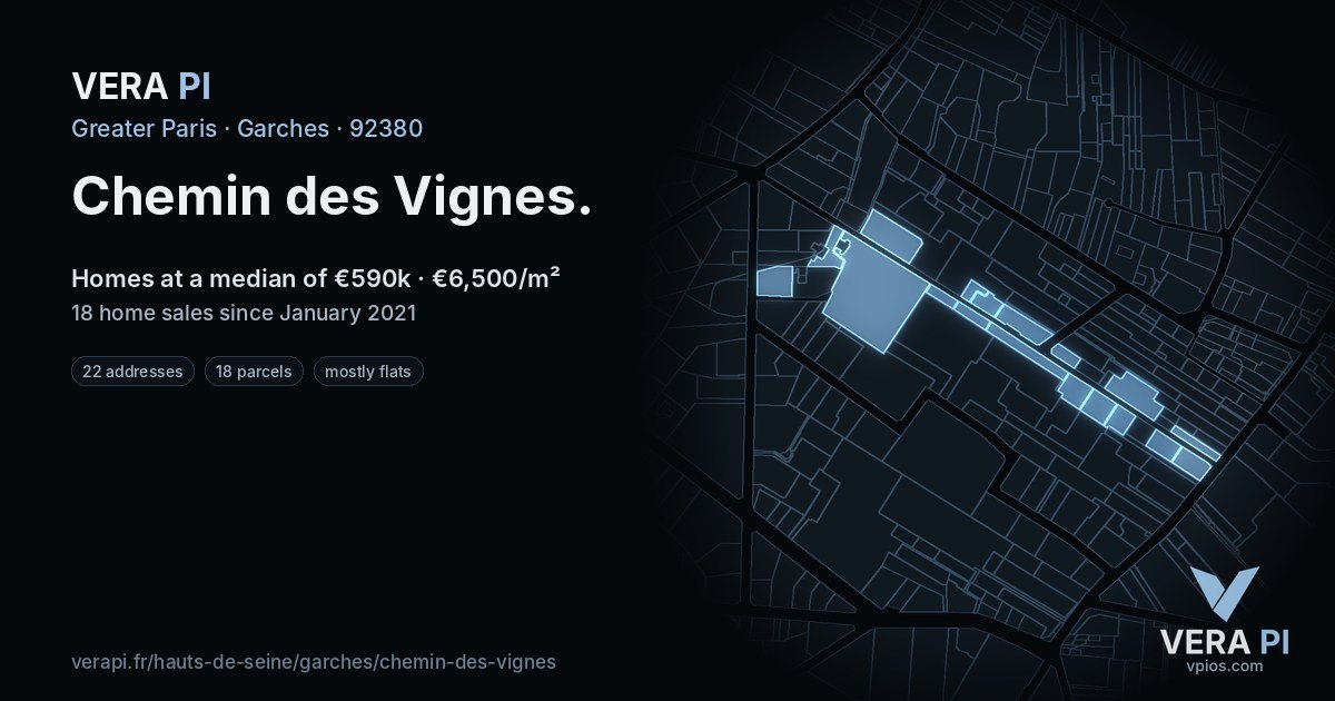 Chemin des Vignes, Garches at night – every parcel coloured by the prices around it, the street's own parcels lit