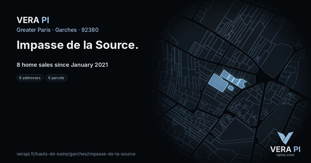 Impasse de la Source, Garches at night – every parcel coloured by the prices around it, the street's own parcels lit