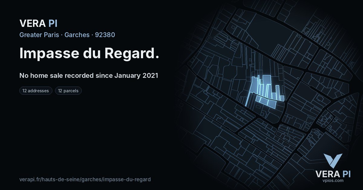 Impasse du Regard, Garches at night – every parcel coloured by the prices around it, the street's own parcels lit