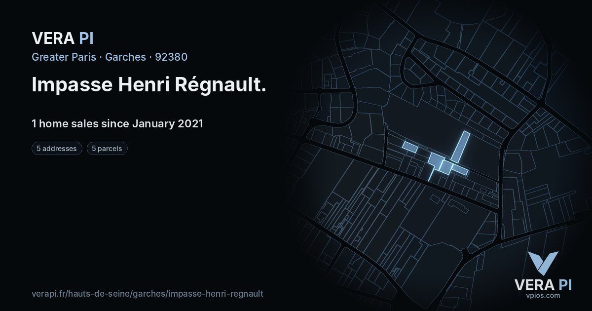 Impasse Henri Régnault, Garches at night – every parcel coloured by the prices around it, the street's own parcels lit