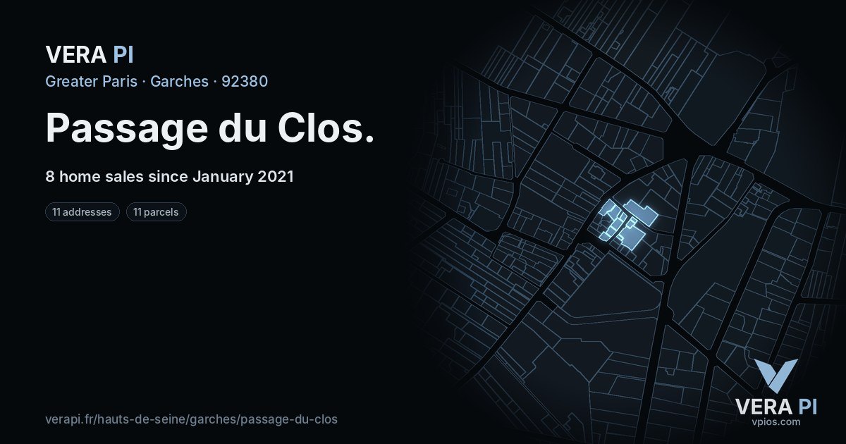 Passage du Clos, Garches at night – every parcel coloured by the prices around it, the street's own parcels lit