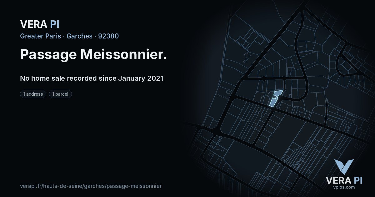 Passage Meissonnier, Garches at night – every parcel coloured by the prices around it, the street's own parcels lit