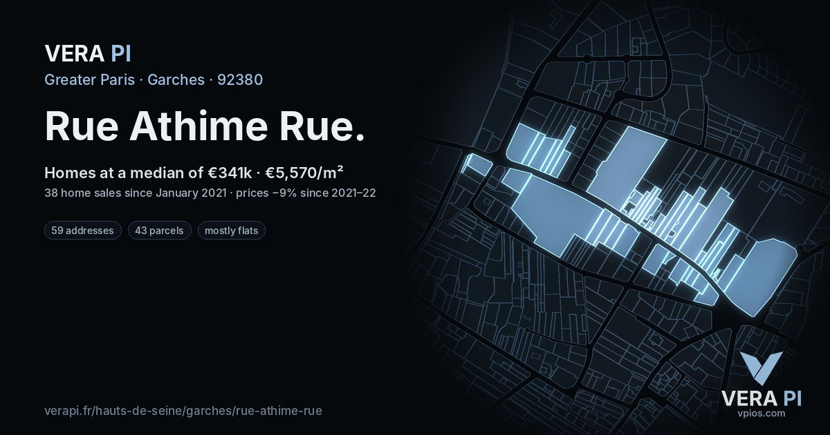 Rue Athime Rue, Garches at night – every parcel coloured by the prices around it, the street's own parcels lit