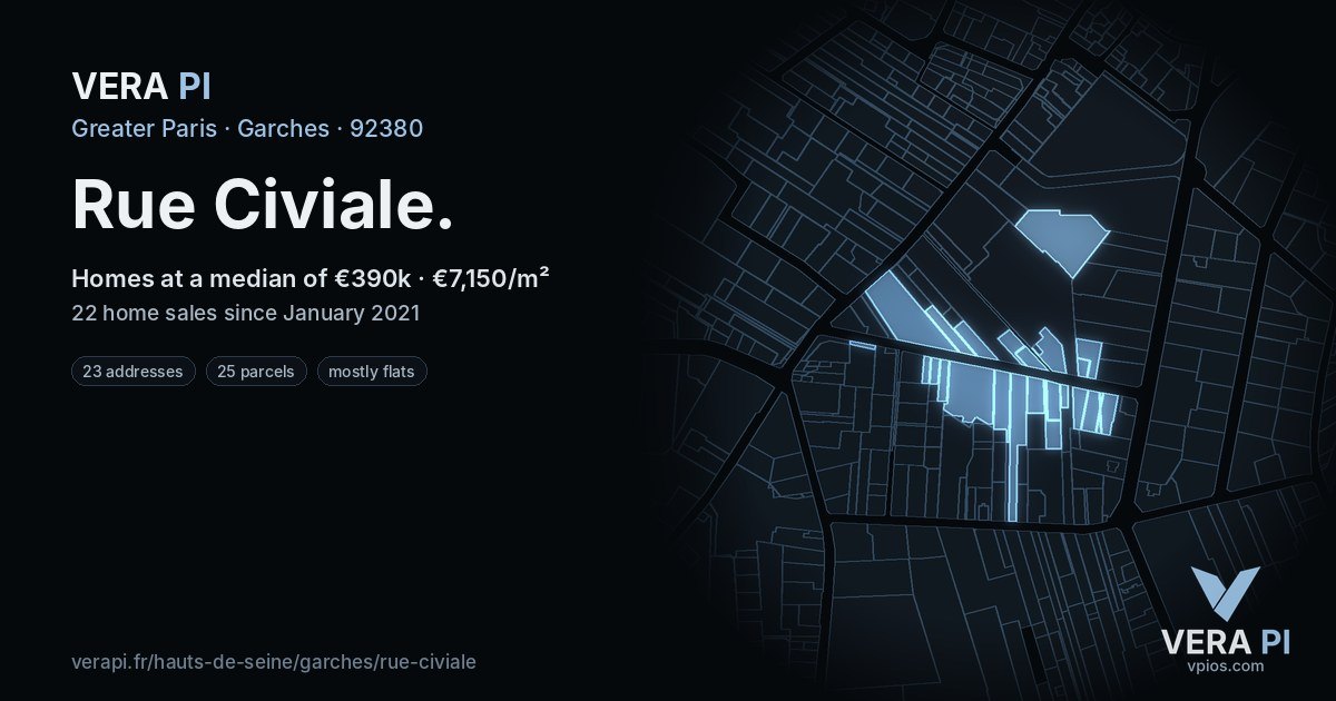 Rue Civiale, Garches at night – every parcel coloured by the prices around it, the street's own parcels lit