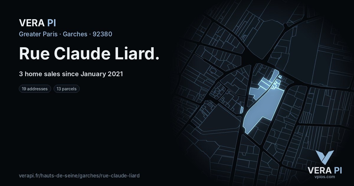Rue Claude Liard, Garches at night – every parcel coloured by the prices around it, the street's own parcels lit