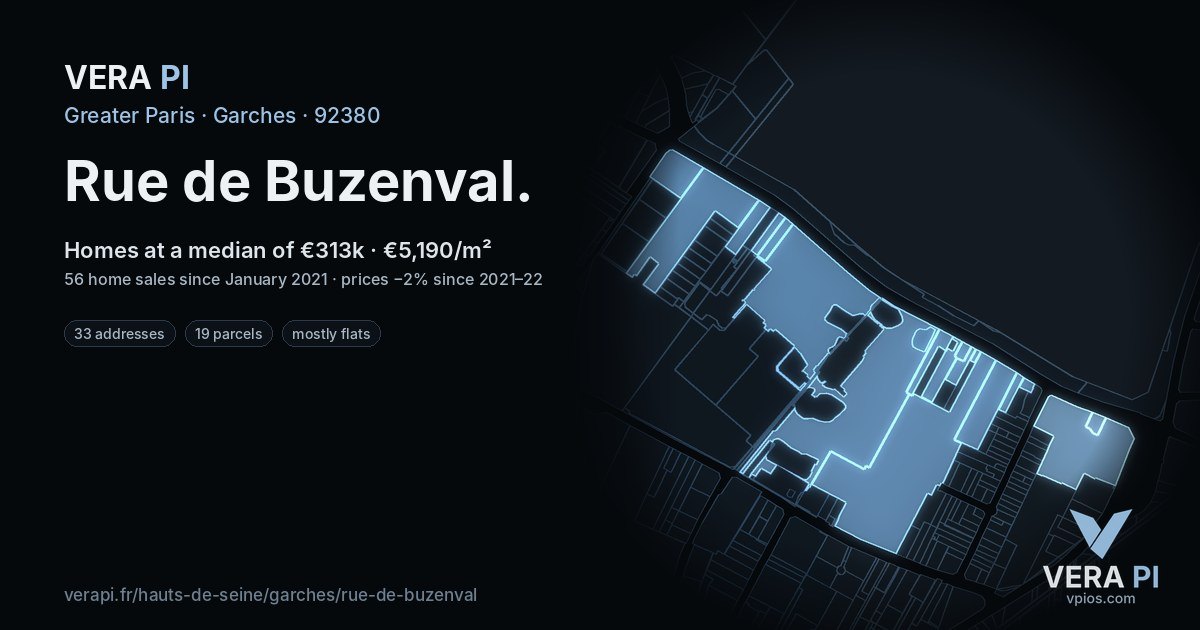Rue de Buzenval, Garches at night – every parcel coloured by the prices around it, the street's own parcels lit