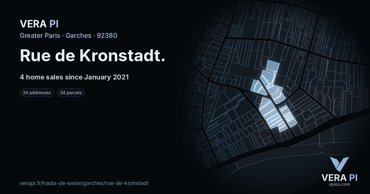 Rue de Kronstadt, Garches at night – every parcel coloured by the prices around it, the street's own parcels lit