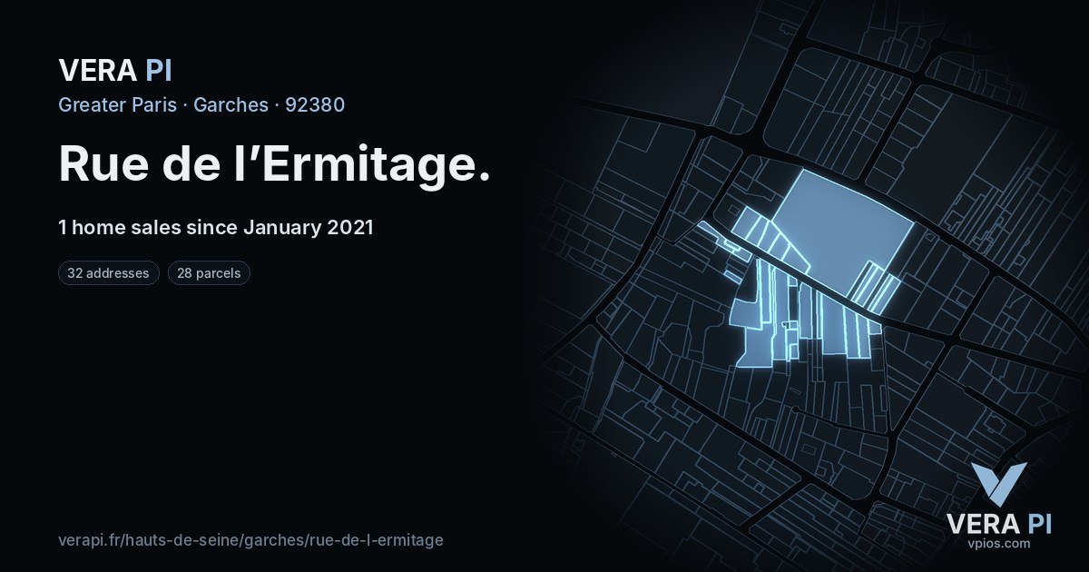 Rue de l’Ermitage, Garches at night – every parcel coloured by the prices around it, the street's own parcels lit