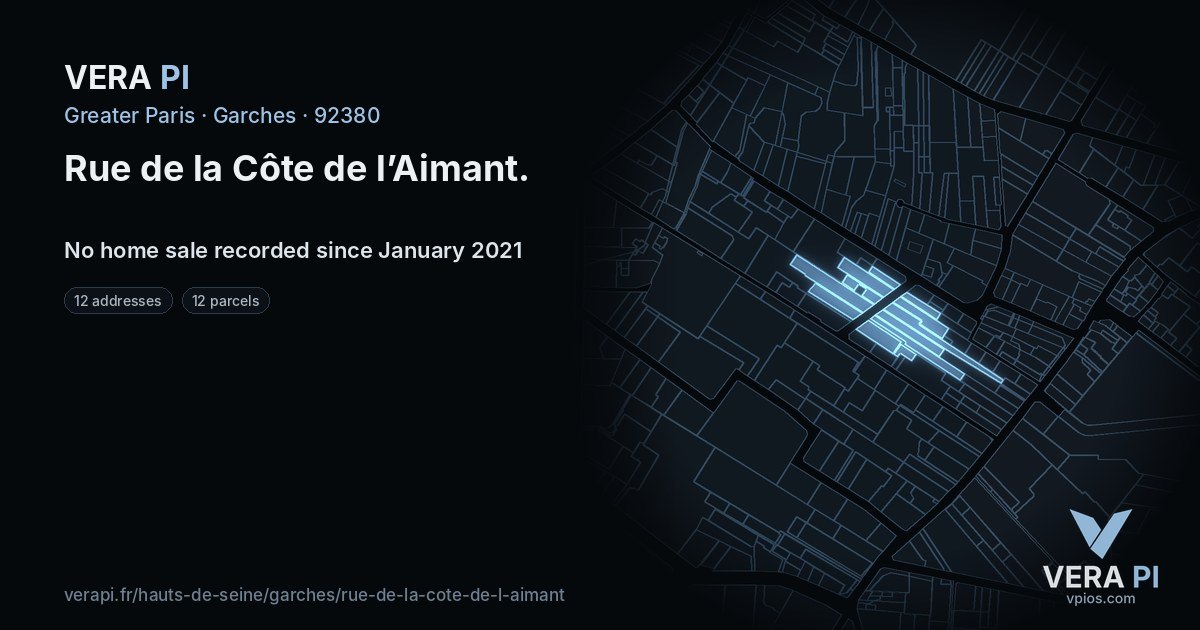 Rue de la Côte de l’Aimant, Garches at night – every parcel coloured by the prices around it, the street's own parcels lit