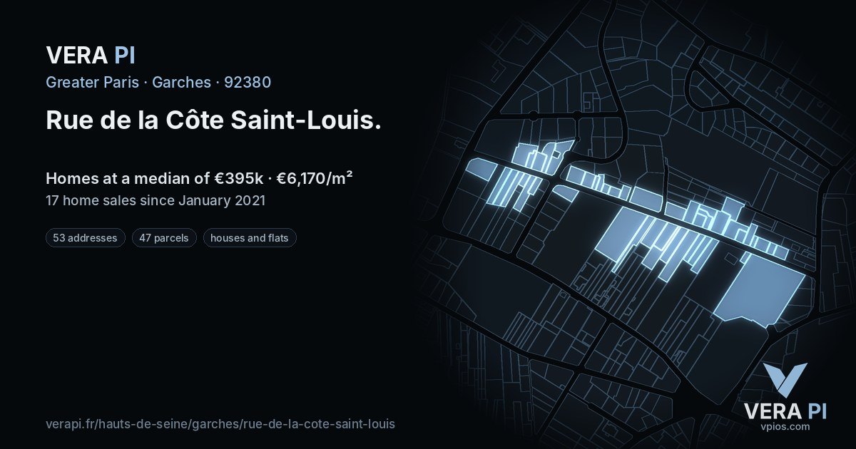 Rue de la Côte Saint-Louis, Garches at night – every parcel coloured by the prices around it, the street's own parcels lit