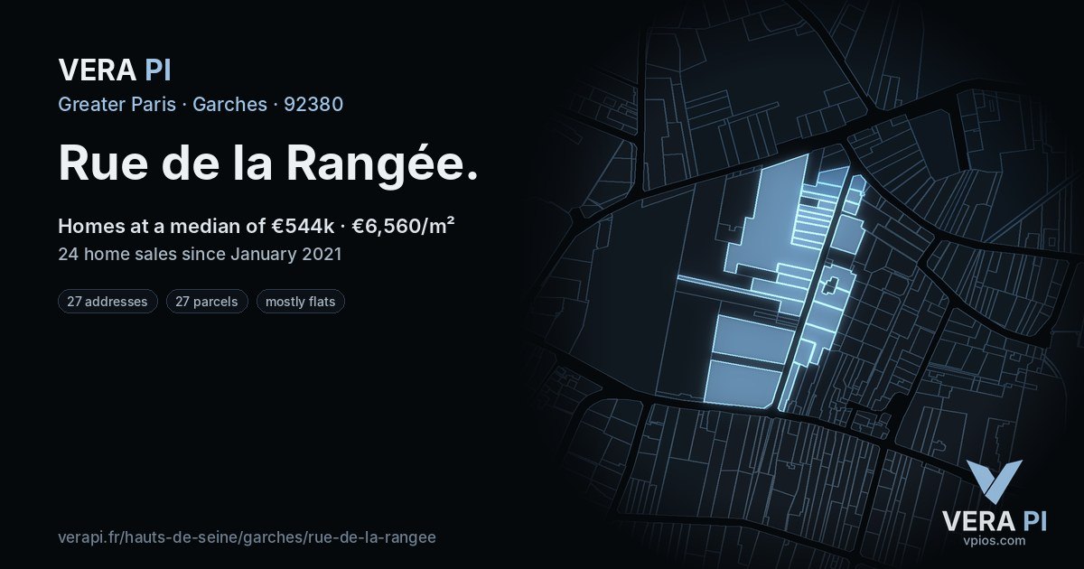 Rue de la Rangée, Garches at night – every parcel coloured by the prices around it, the street's own parcels lit