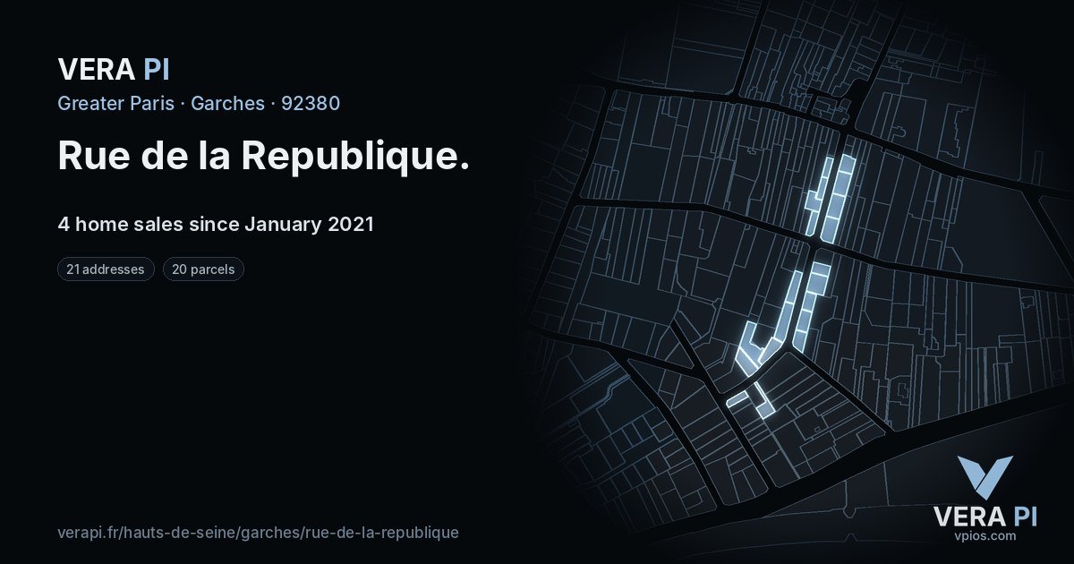 Rue de la Republique, Garches at night – every parcel coloured by the prices around it, the street's own parcels lit