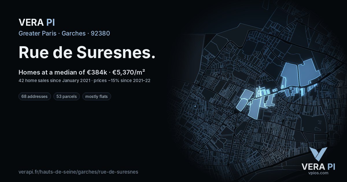 Rue de Suresnes, Garches at night – every parcel coloured by the prices around it, the street's own parcels lit