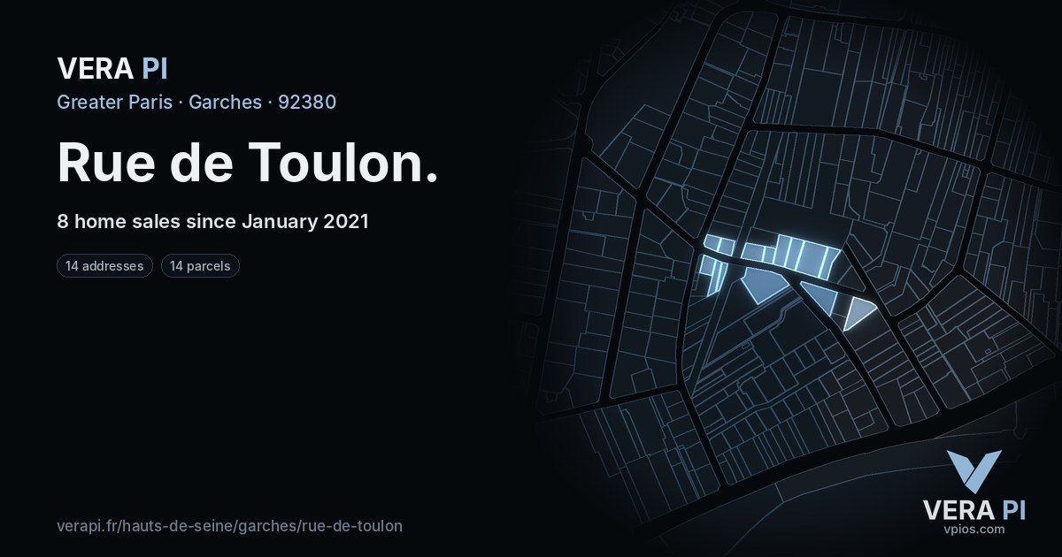 Rue de Toulon, Garches at night – every parcel coloured by the prices around it, the street's own parcels lit