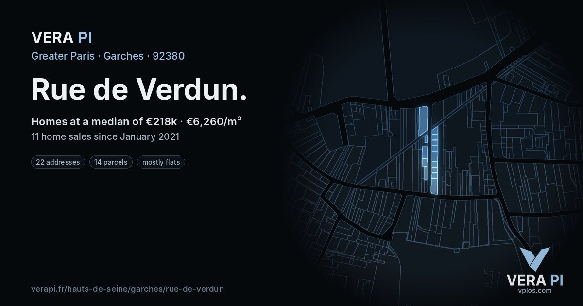 Rue de Verdun, Garches at night – every parcel coloured by the prices around it, the street's own parcels lit