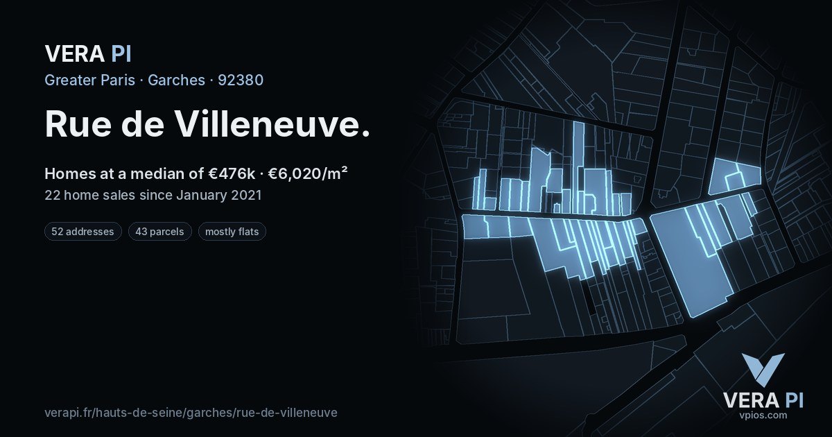 Rue de Villeneuve, Garches at night – every parcel coloured by the prices around it, the street's own parcels lit