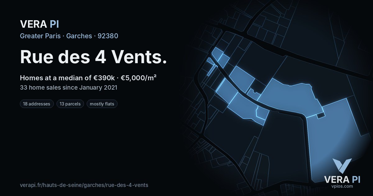Rue des 4 Vents, Garches at night – every parcel coloured by the prices around it, the street's own parcels lit
