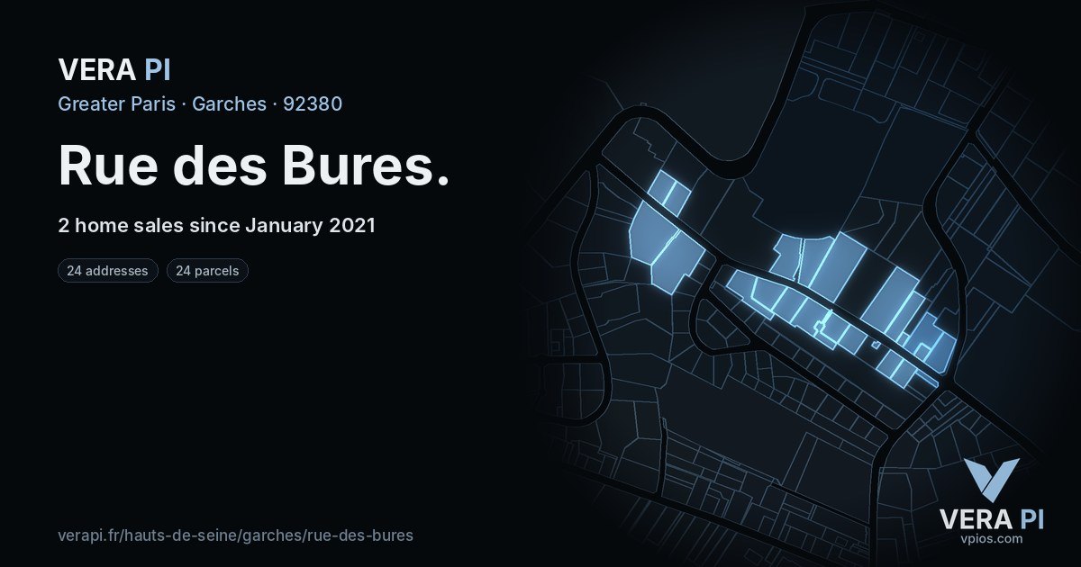 Rue des Bures, Garches at night – every parcel coloured by the prices around it, the street's own parcels lit