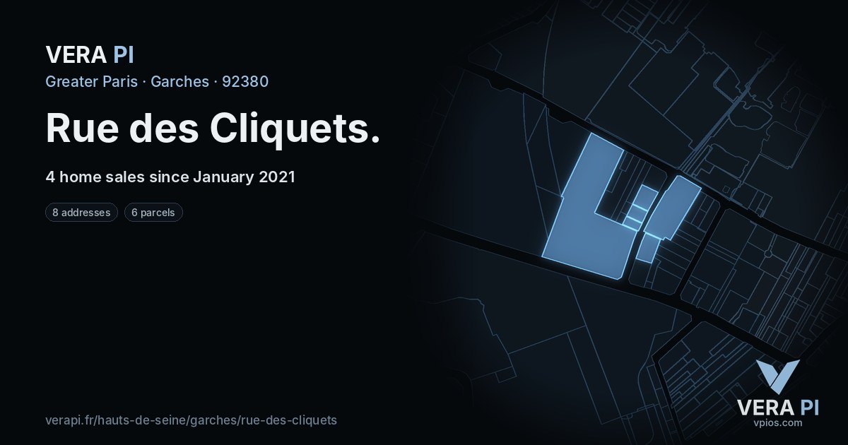Rue des Cliquets, Garches at night – every parcel coloured by the prices around it, the street's own parcels lit