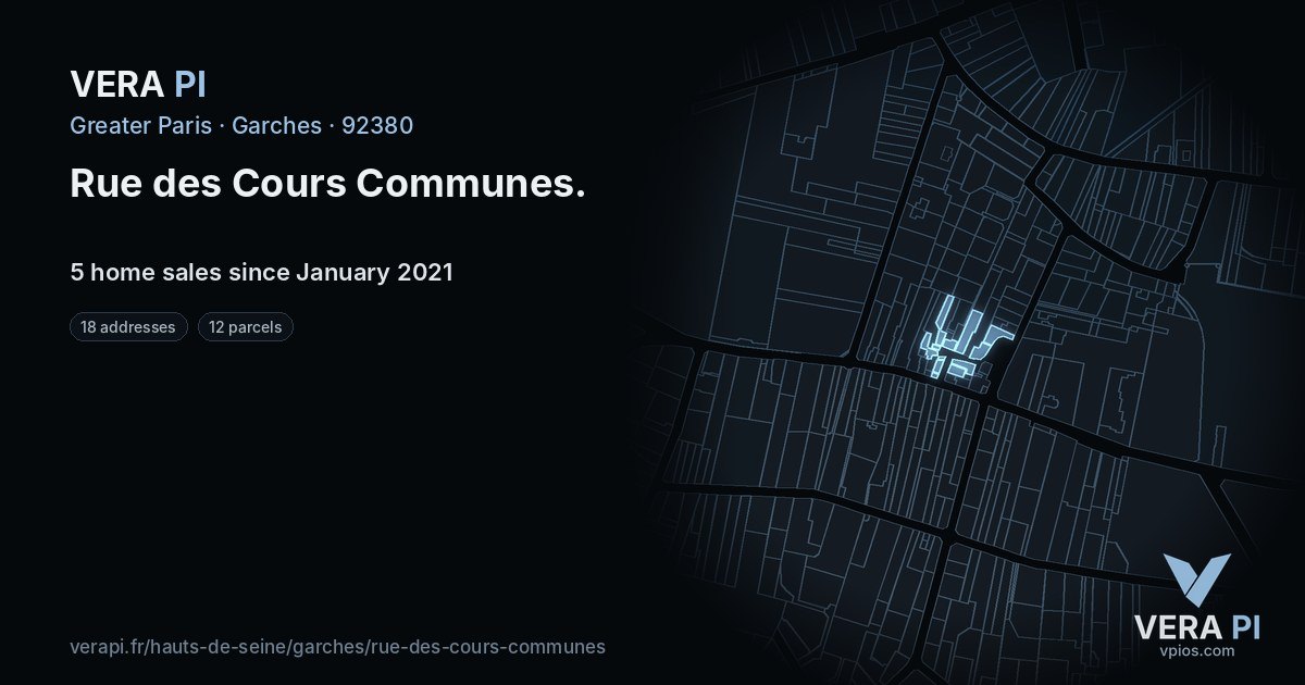 Rue des Cours Communes, Garches at night – every parcel coloured by the prices around it, the street's own parcels lit