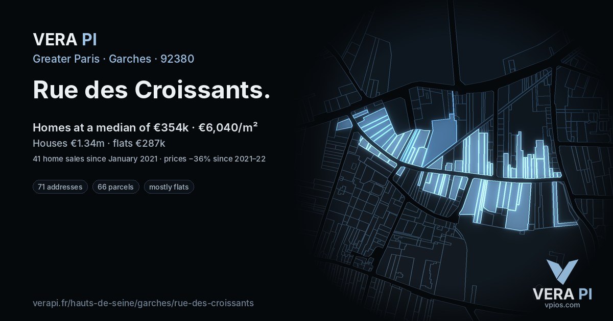 Rue des Croissants, Garches at night – every parcel coloured by the prices around it, the street's own parcels lit