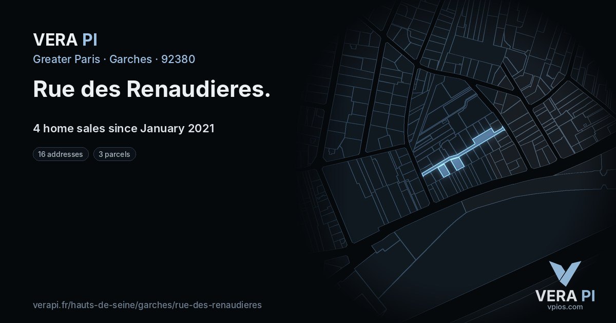 Rue des Renaudieres, Garches at night – every parcel coloured by the prices around it, the street's own parcels lit