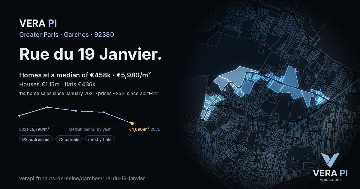 Rue du 19 Janvier, Garches at night – every parcel coloured by the prices around it, the street's own parcels lit