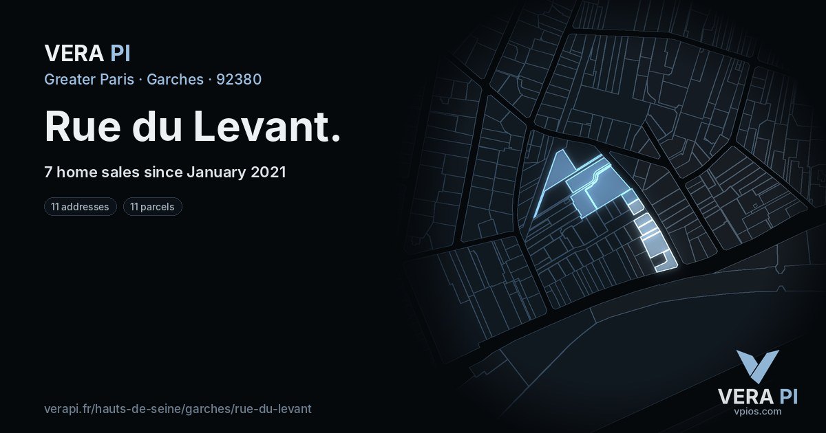 Rue du Levant, Garches at night – every parcel coloured by the prices around it, the street's own parcels lit