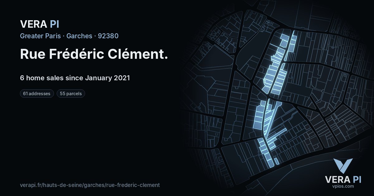 Rue Frédéric Clément, Garches at night – every parcel coloured by the prices around it, the street's own parcels lit