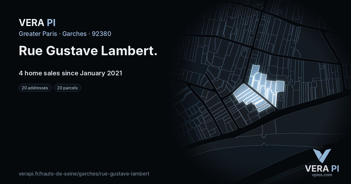 Rue Gustave Lambert, Garches at night – every parcel coloured by the prices around it, the street's own parcels lit